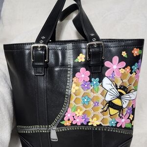 SOLD- CUSTOM Coach Black Tote with Floral and Bee Design